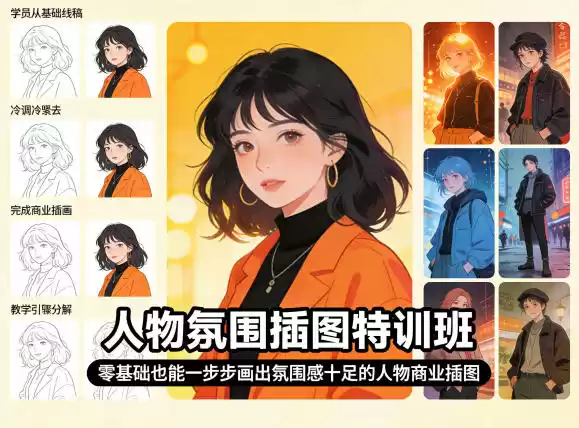 人物氛围插图特训班，零基础也能一步步画出氛围感十足的人物商业插图