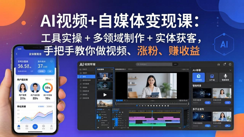 AI视频+自媒体变现课：工具实操 + 多领域制作 + 实体获客，手把手教你做视频、涨粉、赚收益-星辰轻创网