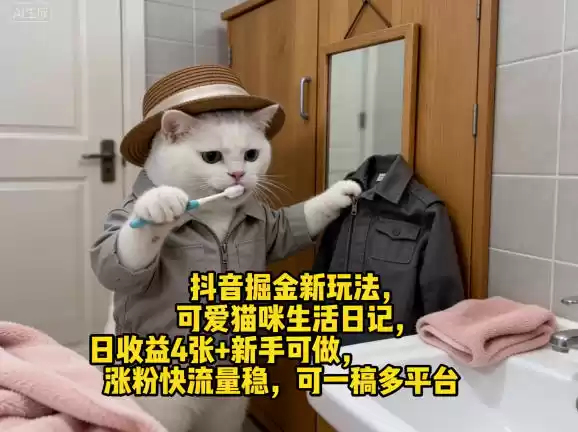 抖音掘金新玩法，可爱猫咪生活日记，日收益4张+新手可做，涨粉快流量稳，可一稿多平台-星辰轻创网